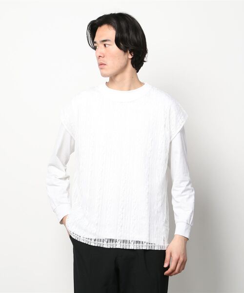 Chikashitsu +（チカシツプラス）の「【Chikashitsu +/チカシツプラス】lace vest/レースベスト Vネックベスト 重ね着 レイヤード（ベスト・メンズ・ホワイト/ブラック・ONE SIZE）」の8枚目の写真