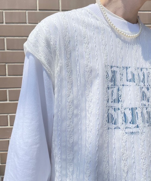 Chikashitsu +（チカシツプラス）の「【Chikashitsu +/チカシツプラス】lace vest/レースベスト Vネックベスト 重ね着 レイヤード（ベスト・メンズ・ホワイト/ブラック・ONE SIZE）」の15枚目の写真
