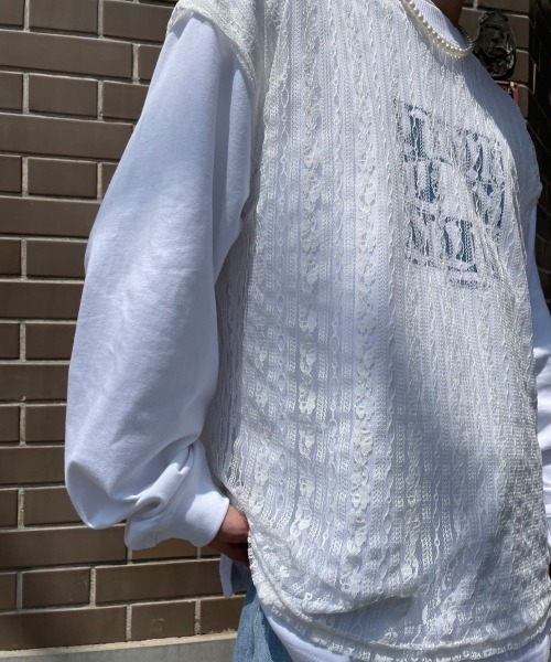 Chikashitsu +（チカシツプラス）の「【Chikashitsu +/チカシツプラス】lace vest/レースベスト Vネックベスト 重ね着 レイヤード（ベスト・メンズ・ホワイト/ブラック・ONE SIZE）」の16枚目の写真