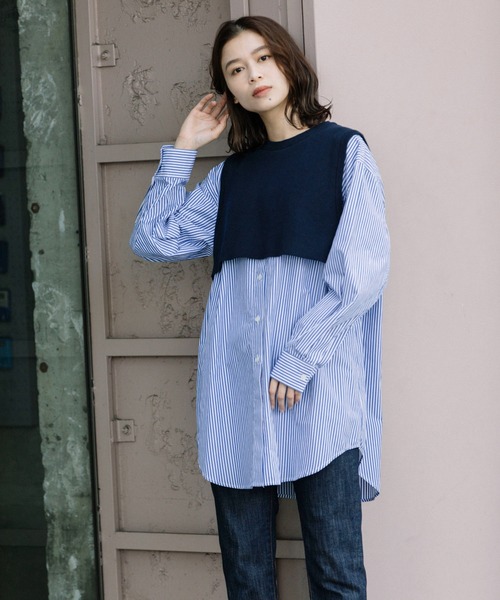 Munich(ミューニック)の「タイプライター×ニットドッキングプルオーバープシャツ(シャツ/ブラウス・レディース・ストライプ/カーキ/ホワイト・FREE)」の22枚目の写真