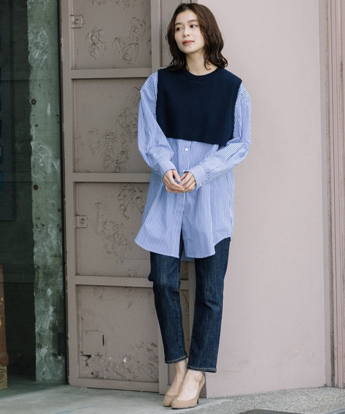 Munich(ミューニック)の「タイプライター×ニットドッキングプルオーバープシャツ(シャツ/ブラウス・レディース・ストライプ/カーキ/ホワイト・FREE)」の19枚目の写真