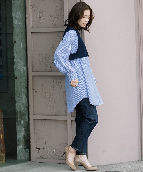 Munich(ミューニック)の「タイプライター×ニットドッキングプルオーバープシャツ(シャツ/ブラウス・レディース・ストライプ/カーキ/ホワイト・FREE)」の20枚目の写真