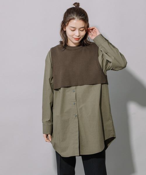 Munich(ミューニック)の「タイプライター×ニットドッキングプルオーバープシャツ(シャツ/ブラウス・レディース・ストライプ/カーキ/ホワイト・FREE)」の5枚目の写真