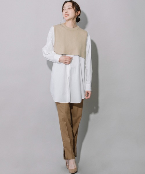 Munich(ミューニック)の「タイプライター×ニットドッキングプルオーバープシャツ(シャツ/ブラウス・レディース・ストライプ/カーキ/ホワイト・FREE)」の8枚目の写真