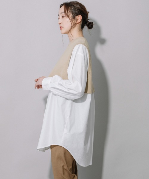 Munich(ミューニック)の「タイプライター×ニットドッキングプルオーバープシャツ(シャツ/ブラウス・レディース・ストライプ/カーキ/ホワイト・FREE)」の12枚目の写真