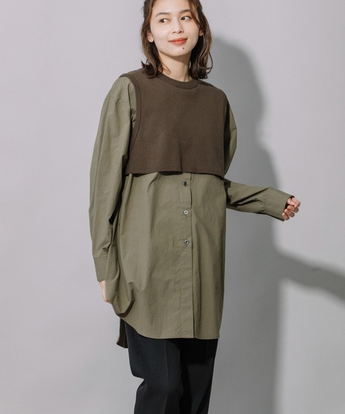 Munich(ミューニック)の「タイプライター×ニットドッキングプルオーバープシャツ(シャツ/ブラウス・レディース・ストライプ/カーキ/ホワイト・FREE)」の4枚目の写真