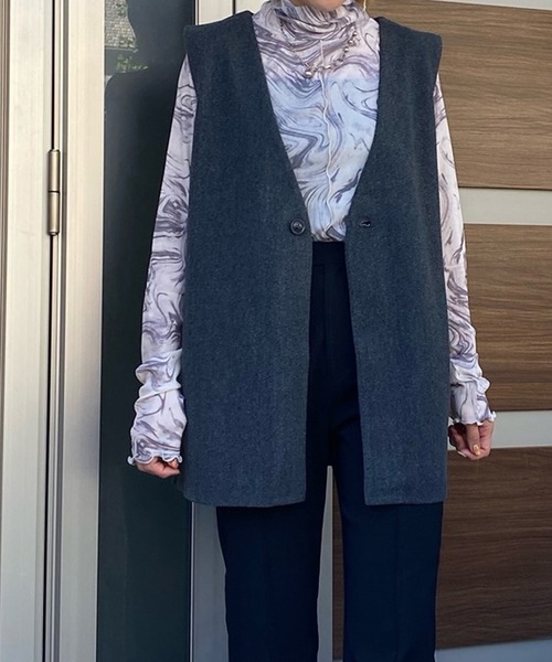 ANOTHER S(アナザーエス)の「マーブル柄シアーハイネックトップス(Tシャツ/カットソー・レディース・グレー/グレイッシュベージュ/ミント・M)」の6枚目の写真