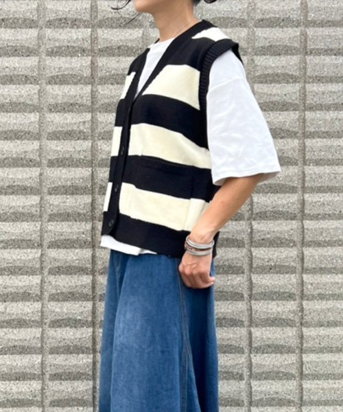 BEATJIVE（ビートジャイブ）の「ボーダー ベスト ニット カーディガン レディース（ニット/セーター・レディース・ブラック系その他/ブラウン系その他/ブルー系その他・FREE）」の4枚目の写真