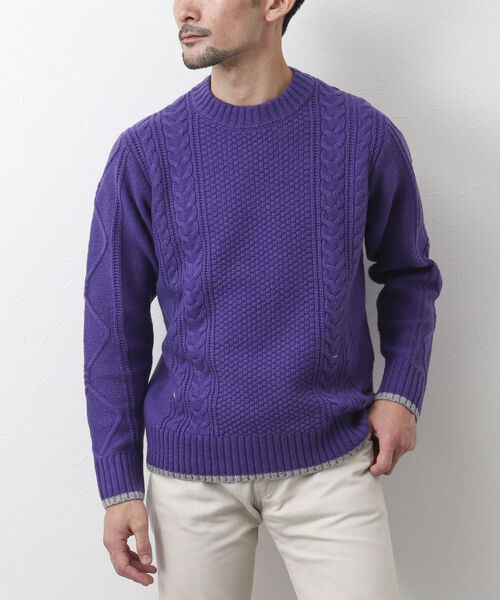 NOLLEY'S goodman（ノーリーズグッドマン）の「アラン柄 配色ライン プルオーバーニット（ニット/セーター・メンズ・パープル/ネイビー/ブラウン/グレー/レッド/オフホワイト・S/M/L）」の6枚目の写真