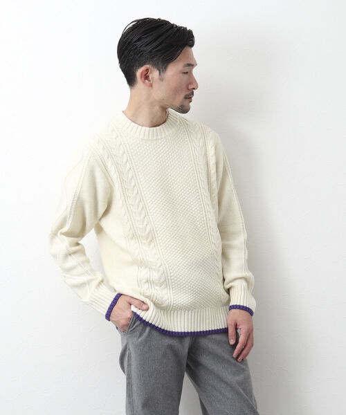 NOLLEY'S goodman（ノーリーズグッドマン）の「アラン柄 配色ライン プルオーバーニット（ニット/セーター・メンズ・パープル/ネイビー/ブラウン/グレー/レッド/オフホワイト・S/M/L）」の17枚目の写真