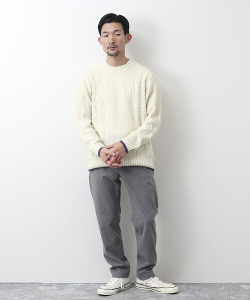 NOLLEY'S goodman（ノーリーズグッドマン）の「アラン柄 配色ライン プルオーバーニット（ニット/セーター・メンズ・パープル/ネイビー/ブラウン/グレー/レッド/オフホワイト・S/M/L）」の12枚目の写真