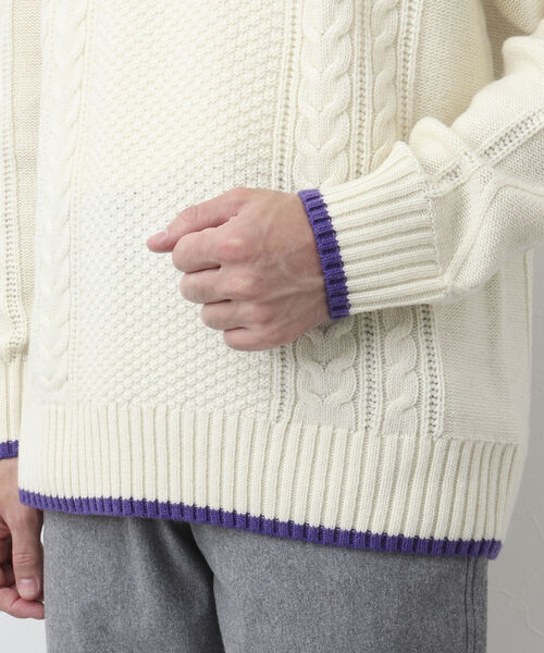 NOLLEY'S goodman（ノーリーズグッドマン）の「アラン柄 配色ライン プルオーバーニット（ニット/セーター・メンズ・パープル/ネイビー/ブラウン/グレー/レッド/オフホワイト・S/M/L）」の7枚目の写真