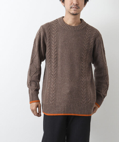 NOLLEY'S goodman（ノーリーズグッドマン）の「アラン柄 配色ライン プルオーバーニット（ニット/セーター・メンズ・パープル/ネイビー/ブラウン/グレー/レッド/オフホワイト・S/M/L）」の8枚目の写真