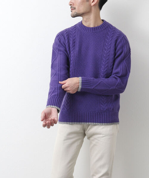 NOLLEY'S goodman（ノーリーズグッドマン）の「アラン柄 配色ライン プルオーバーニット（ニット/セーター・メンズ・パープル/ネイビー/ブラウン/グレー/レッド/オフホワイト・S/M/L）」の19枚目の写真