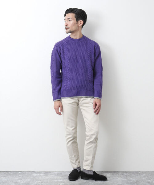 NOLLEY'S goodman（ノーリーズグッドマン）の「アラン柄 配色ライン プルオーバーニット（ニット/セーター・メンズ・パープル/ネイビー/ブラウン/グレー/レッド/オフホワイト・S/M/L）」の14枚目の写真