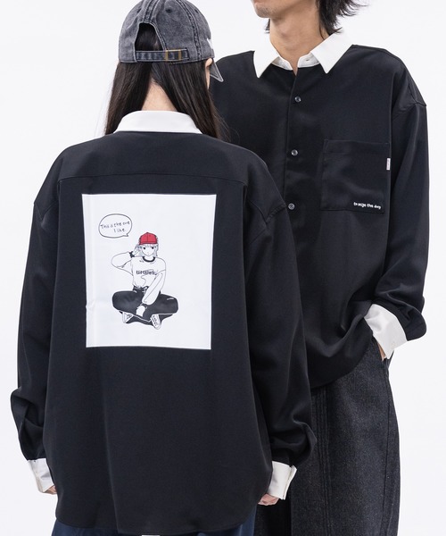 Red Cap Girl（レッドキャプガール）の「【a-r】〔Red Cap Girl/レッドキャップガール〕ナチュラルストレッチ バックイラスト ルーズサイズシャツ 長袖（シャツ/ブラウス・メンズ・ブルー/ベージュ/ホワイト/その他/ブラック/グリーン/グリーン系その他/ブラック系その他/ホワイト系その他/ブラック系その他2/ダークグレー/ブルー系その他/グレイッシュベージュ/ホワイト系その他2/ブルー系1/その他1/ライトグレー/ホワイト系1/ブラック系1・MEDIUM/X-LARGE/LARGE）」の6枚目の写真