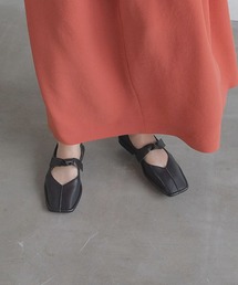スクエアステッチリボンフラットシューズ