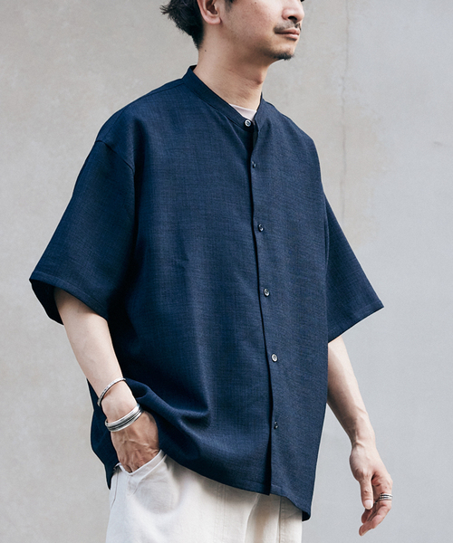 JOURNAL STANDARD relume(ジャーナルスタンダード レリューム)の「"イージーケア"TEC CANVAS バンドカラー 半袖シャツ(シャツ/ブラウス・メンズ・ブラウン系その他/ブラック/アイボリー/クリアブルー・LARGE/MEDIUM)」の4枚目の写真