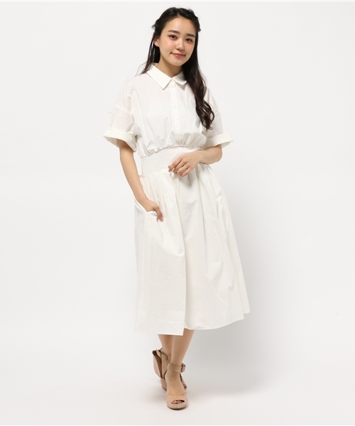 mystic（ミスティック）の「【Omekashi】ウエストリブシャツワンピース（ワンピース・レディース・カーキ/オフホワイト/ネイビー・ﾌﾘ-）」の2枚目の写真