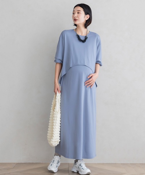 フェリシモMama（フェリシモママ）の「Ｍｏｒｅｄｄｅ　フォーマルシーンでも使える　授乳がかんたん　しなやかカットソーのデザインワンピース（マタニティウェア/グッズ・レディース・ブラック/グレイッシュブルー・MEDIUM/LARGE/X-LARGE）」の4枚目の写真