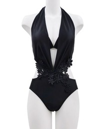 フラワー装飾 ブラック ワンピース水着 新品 ワンピース水着 小花柄 花柄 ブラック Lサイズ インポート