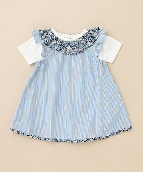 sense of wonder（センスオブワンダー）の「ストライプリバティファブリックフリルボディスーツセット（ロンパース・キッズ・オフホワイト/ブルー・70-80cm）」の2枚目の写真