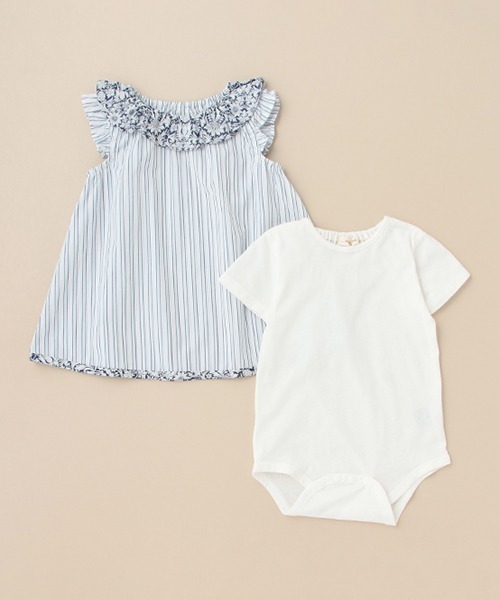 sense of wonder（センスオブワンダー）の「ストライプリバティファブリックフリルボディスーツセット（ロンパース・キッズ・オフホワイト/ブルー・70-80cm）」の5枚目の写真