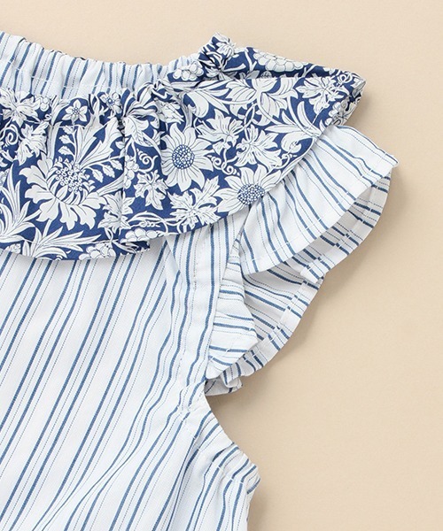 sense of wonder（センスオブワンダー）の「ストライプリバティファブリックフリルボディスーツセット（ロンパース・キッズ・オフホワイト/ブルー・70-80cm）」の7枚目の写真