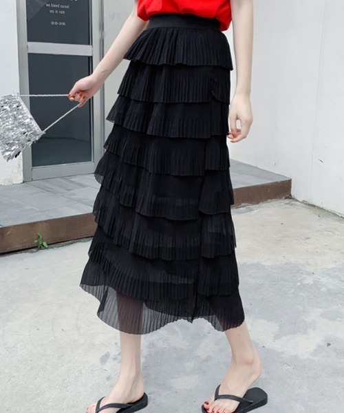 a lot of love（ア ロット オブ ラブ）の「シフォン調・ティアードスカート（スカート・レディース・ブラック/ホワイト・FREE）」の2枚目の写真