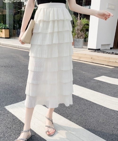 a lot of love（ア ロット オブ ラブ）の「シフォン調・ティアードスカート（スカート・レディース・ブラック/ホワイト・FREE）」の4枚目の写真