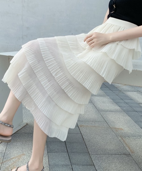 a lot of love（ア ロット オブ ラブ）の「シフォン調・ティアードスカート（スカート・レディース・ブラック/ホワイト・FREE）」の7枚目の写真