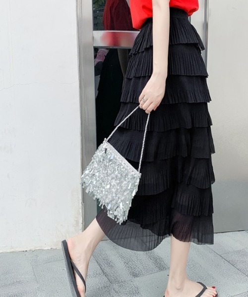 a lot of love（ア ロット オブ ラブ）の「シフォン調・ティアードスカート（スカート・レディース・ブラック/ホワイト・FREE）」の5枚目の写真