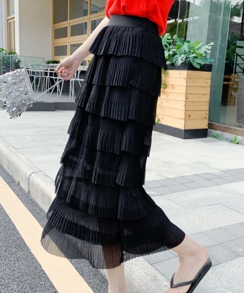 a lot of love（ア ロット オブ ラブ）の「シフォン調・ティアードスカート（スカート・レディース・ブラック/ホワイト・FREE）」の3枚目の写真