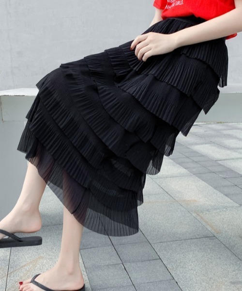 a lot of love（ア ロット オブ ラブ）の「シフォン調・ティアードスカート（スカート・レディース・ブラック/ホワイト・FREE）」の9枚目の写真