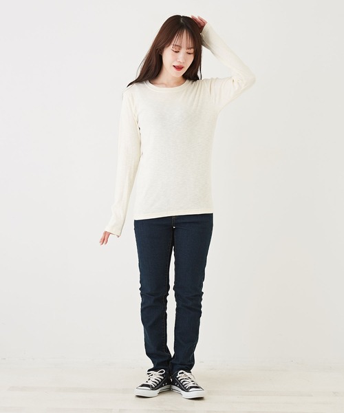 CUBE SUGAR(キューブシュガー)の「ショートスラブフライス無地長袖クルーネックインナー(Tシャツ/カットソー・レディース・グリーン/オレンジ/ブラック/ブルー/ホワイト/イエロー/トップグレー・M)」の17枚目の写真