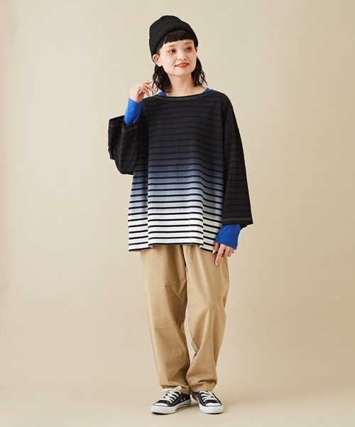 CUBE SUGAR(キューブシュガー)の「ショートスラブフライス無地長袖クルーネックインナー(Tシャツ/カットソー・レディース・グリーン/オレンジ/ブラック/ブルー/ホワイト/イエロー/トップグレー・M)」の14枚目の写真