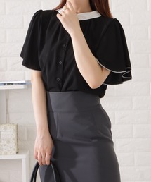 2WAYバイカラープチハイネック半袖シフォンブラウス