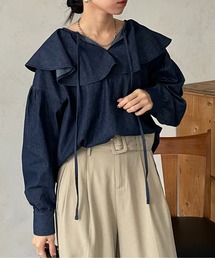 フリルカラーデニムカフタンブラウス