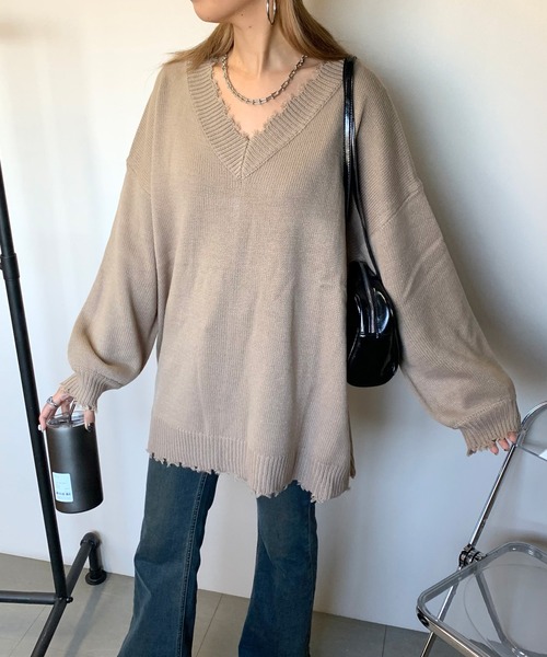 non-hedge(ノンヘッジ)の「ダメージニットチュニック(ニット/セーター・レディース・アイボリー/オレンジ/ローズ/ベージュ/ブルー/グリーン/チャコールグレー/サーモンピンク/ピンク/グレー・FREE)」の5枚目の写真