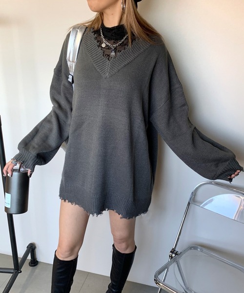 non-hedge(ノンヘッジ)の「ダメージニットチュニック(ニット/セーター・レディース・アイボリー/オレンジ/ローズ/ベージュ/ブルー/グリーン/チャコールグレー/サーモンピンク/ピンク/グレー・FREE)」の3枚目の写真