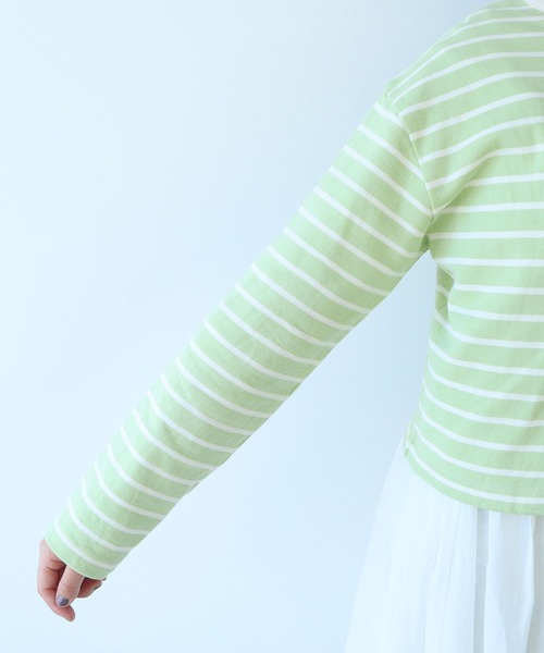 bulle de savon（ビュルデサボン）の「裏毛ボーダーカーディガン（Tシャツ/カットソー・レディース・ピンク/カーキ・FREE）」の4枚目の写真