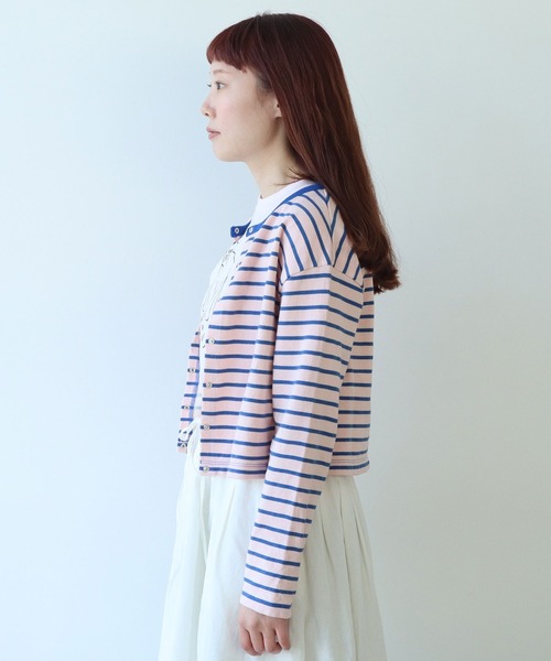 bulle de savon（ビュルデサボン）の「裏毛ボーダーカーディガン（Tシャツ/カットソー・レディース・ピンク/カーキ・FREE）」の3枚目の写真