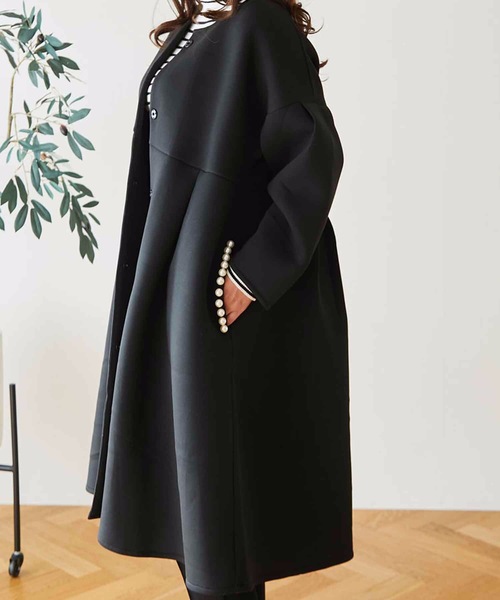 パール付き ボンディング ノーカラーフレアコート（ノーカラーコート