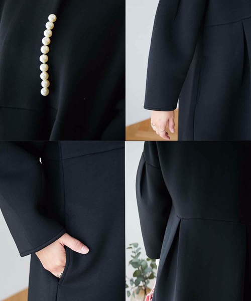 パール付き ボンディング ノーカラーフレアコート（ノーカラーコート