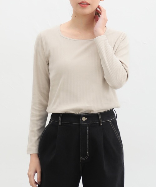 Honeys(ハニーズ)の「オーガニックスクエアネックTシャツ(Tシャツ/カットソー・レディース・ブルー/ベージュ/ライトカーキ/ブラック/アイボリー・M/LL/L)」の3枚目の写真