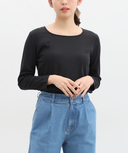 Honeys(ハニーズ)の「オーガニックスクエアネックTシャツ(Tシャツ/カットソー・レディース・ブルー/ベージュ/ライトカーキ/ブラック/アイボリー・M/LL/L)」の2枚目の写真