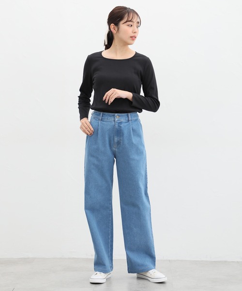 Honeys(ハニーズ)の「オーガニックスクエアネックTシャツ(Tシャツ/カットソー・レディース・ブルー/ベージュ/ライトカーキ/ブラック/アイボリー・M/LL/L)」の8枚目の写真