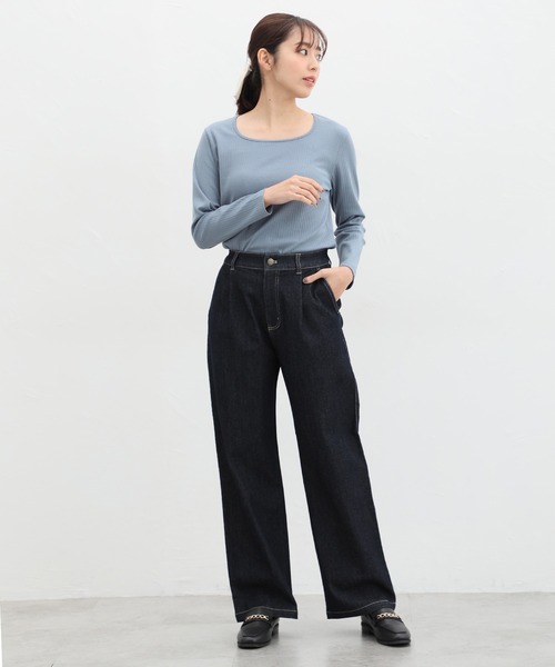 Honeys(ハニーズ)の「オーガニックスクエアネックTシャツ(Tシャツ/カットソー・レディース・ブルー/ベージュ/ライトカーキ/ブラック/アイボリー・M/LL/L)」の11枚目の写真