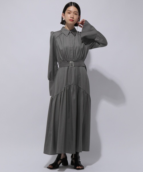 HARE　ストライプティアードワンピース　グレー　ベルト付き HARE（ハレ）の「ストライプティアードワンピース(HARE)（ワンピース