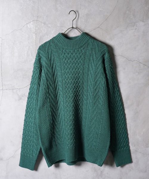 セール】ローゲージ モックネック フィッシャーマン ケーブルニット